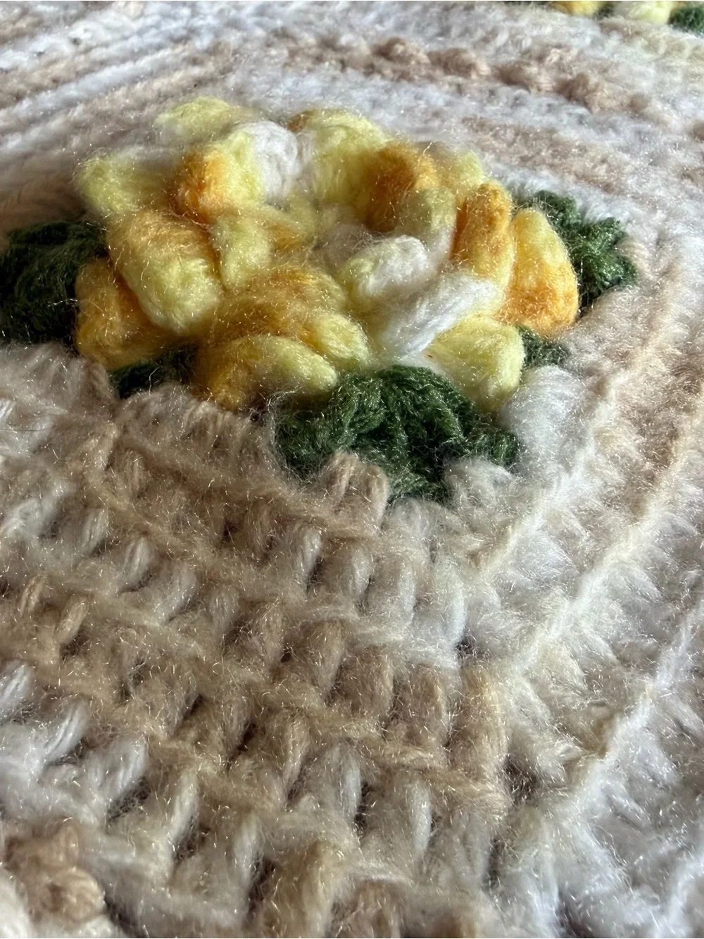 Cream & Yellow Floral Crochet Throw Blanket - Cozy Decorative Accent